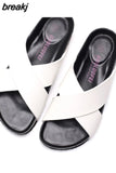2023 Fashion Men Beach Cross Cork Slippers Summer Unisex Solid Color Non-slip Outside PU Leather Slide