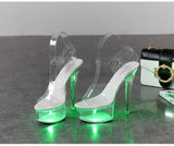 Breakj 34-43 Sexy Super High Heels Luminous Thin Heel Waterproof Platform Sandals Transparent Model Crystal Shoes Wedding