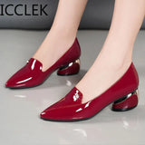Size 42 Women Pumps Patent Leather Dress Shoes Low Heels Ol Office Lady Shoes Leaf Boat Shoe Classics Pump