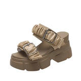 Breakj Pleated Cool Slippers Female 2023 Summer New Korean Fashion Belt Buckle Platform One Word High Heel