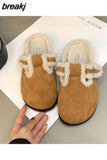 New Women Artificial Fur Closed Toe Slipper Autumn Winter Casual Warm Outside Vintage Soft Plush Slides