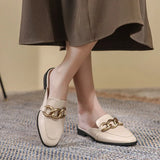 mules fashion design Flat Square Toe Chain Backless Shoes Summer outdoor and indoor office wear White black slipper