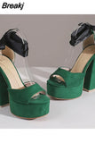 High Heeled Women's Sandals New Fashion 2023 Summer Ankle Buckle Flock Sandals European Style Sexy Party Banquet