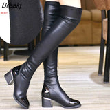 Autumn /winter Black Over-the-knee Boots Chunky High Heels Slip-on Shoes Casual Bota Feminina Stretch PU Leather
