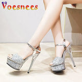 New 14.5CM High Heels Waterproof Platform Sequin Sandals Transparent Thick Bottom Crystal Shoes Women Wedding Party