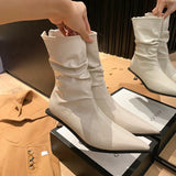 Black Leather Women Ankle Boots Thin Mid Heels Stretch Booties Back Zipper Pointed Toe Fold Design Elegant Winter
