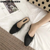 Women Brand Flat Slippers Summer Slides Bowtie Shallow Square Toe Mule Women Breathable Knitting Flip Flops Women Platform