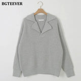 Elegant Turn-Down Collar Loose Women Sweaters Full Sleeve Solid Female Knitted Pullovers 2021 Autumn Winter