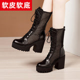 Breathable Thin Martin Boots Women's Leather 2023 Thick-Soled Waterproof Table Hollowed-Out Mesh Full-Size