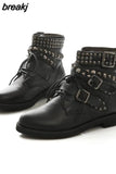 2023 New Winter Women Leather Rivet Buckle Motorcycle Boots Lace Up Gothic Punk Round Toe Platform