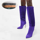 High Heels Western Boots Fashion Knee High Boots Woman Microfiber Red High Heel Long Boots Pointed Toe Autumn Winter