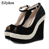 Platform Sandals Women High Quality Flock Fabric Peep Toe Fashion Buckle Strap Wedge Heels Dress Ladies