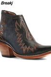 Female Western Boots Wood Sole Pointed Toe Slip-On Print Ankle Boots Embroider 2023 Spring Comfy Woman Boots