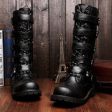 Men's Leather Motorcycle Boots Punk Chain Mid-calf Platform Boots Gothic Military Combat Boots for Men Biker Boots