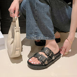 Size 34-40 Women Sandals 2023 Summer Shoes For Women Real Leather Low Heels Shoes Round Toe Casual Rivet Slippers