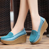 Leather Wedge Platform Shoes Ladies Slip On Crystal Flat Shoes High Heel 7cm Thick Sole Shallow Flats Casual