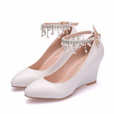 Queen Women Shoes Wedge High Heels Pointed Toe Office Wedding Party Spring Autumn White Bridal Pumps Pearl Diamond