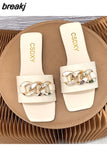 Size 35-43 Flat Leopard Women'S Slippers New European American Metal Chain Square Toe Flat Shoes Women'S Sandals