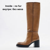 INS Women Genuine Leather Knee High Boots Round Toe Platform Thick High Heel Zipper Ladies Long Boot Autumn Winter