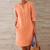 2020 Winter Autumn Button Cotton Linen Dress women Elegant O-Neck Knee length Long Sleeve Pocket Solid Dress Plus Size