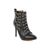 Women Ankle Boots 2023 Autumn Winter Stiletto Booties Cross Chain Decorate Thin High Heels PU Leather Size 34-50 Fashion
