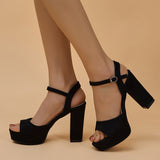2023 Summer Black High Heel Sandals Woman Flock Platform Heeled Sandals for Women Ankle Strap Peep Toe Pumps