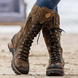 Fashion Women's Mid-Calf Boots Round Toe Western Lace-Up Side Zipper Ladies Boots Comfortable Non-Slip Motorcycle