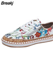 Women Vulcanized Shoes Floral Printed Lace-Up Female Flat Shoes Fashion Platform Ladies Casual Flower Skateboard
