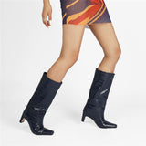 Retro Crocodile Print Woman Boots Square Toe Low Heel Blue Big Size Slip-on Knee-length Boots Autumn Shoes For
