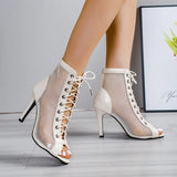 Breakj Size Sandals Fine Heel Fashion Lace Mesh Face Fish Mouth High Heel Sandals Lace Jazz Dance Shoes Women's