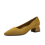 Women's Pointed High Heels Knit Breathable Comfortable Shallow Anti-skid Work Shoes Fashionable and Beautiful Square Heel