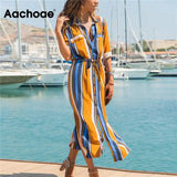Turn Down Collar Office Ladies Stripe Shirt Dress Long Boho Beach Dress Casual Long Sleeve Elegant Party Dress