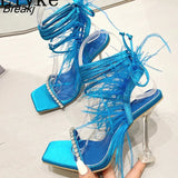 Summer Blue Tassels Feather Decor Women Crystal Transparent High Heels Sandals Sexy Open Toe Lace Up Runway Shoes