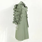 Patchwork Ruffle Ruched Casual Windbreaker For Women Lapel Long Sleeve High Waist Sashes Black Trench Female