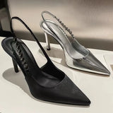High Heels Slingback Silver Women Pumps Metallic Crystal Sandals Pointy Toe Stiletto Heeled Shoes Party Dress Shoes