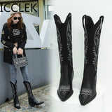Women High Heels Wedges Long Riding Boots Winter Knee High Boots Designer Beige Heels Western Cowboy Boots