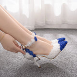 Queen Women Sandals High Heels White Blue Lace Wedding Shoes Pointed Toe Flower Pearls