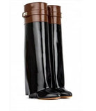 Lock Folded Woman Wedge Boots Black Leather Belt Height Increasing Knee High Boots Pointed Toe Winter Long Boots