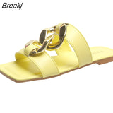 Ladies Slippers Summer Fashion Metal Decorative Square Head Outer Wear Flat Slippers Soft Bottom Seaside Beach