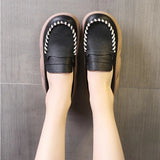 Spring and Autumn New Round Toe Fashionable Leather Flat Sole Shoes for Women Wearing External Sewing Thick Sole