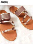 Summer Women's Shoes Plus Size 43 Fashion Glossy Rhinestone Sandals Slippers Female Summer Outdoor Casual Flat