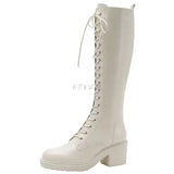 New Thicken Winter Knight Boots Women Knee High Long Square Heel Boots Retro Thick Motorcycle Boots Black White