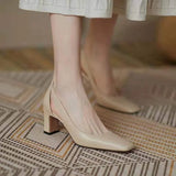 Summer Women Pumps Solid Thick High Heels Female Shoes Hollow Square Head Retro Slip on Heels Women Dress Tacones