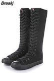 2023 Spring Autumn Women Canvas Casual Shoes Long Knee High Boots Lace-Up Zipper Comfortable Flat Sneakers Small