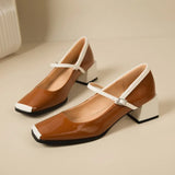 Toe Single Shoes for Women Thick Heels Shallow Mary Jane Shoes Patent Leather French Elegant High Heels Leather