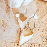Ankle Strap V Cut Runway Shoes Pointy Toe Satin Celebrating Wedding Dress Shoes Bride Cutouts Thin Heel Celebrating