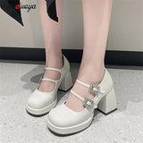 Crystal Buckle Women High Heels Mary Jane Shoes Chunky Sandals Spring New Women black Sexy Elegant Party dress