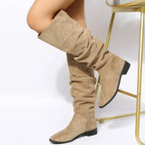 Pleated Boots Women Black Nude Faux Suede Flock Knee High Boot Ladies Flat Autumn Winter Dress Shoe 43 Solid Slip on