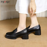 Women Heels Oxford Med Chunky Heel Pumps Shoes Retro Square Toe Slip On Leather England Style Spring Loafer Oxford