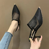 High Heels Sandals Woman Mesh Summer Shoes Women Pumps Pointed Toe Ankle Buckle Strap Ethnic Embroidery Flower